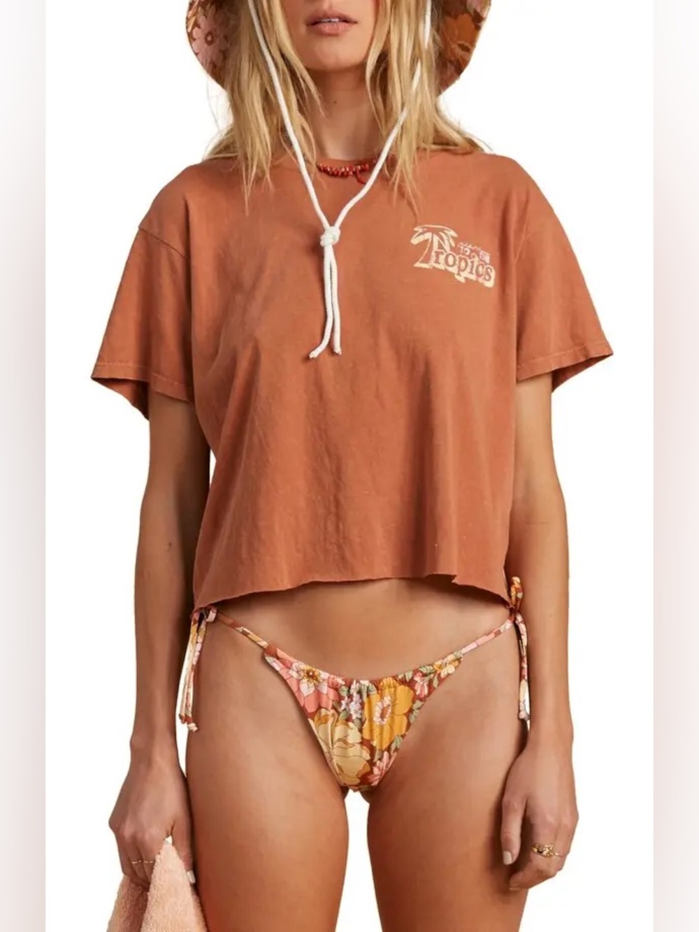 Billabong x The Salty Blonde Brown Cropped Tee Take Me To the Tropics Logo
